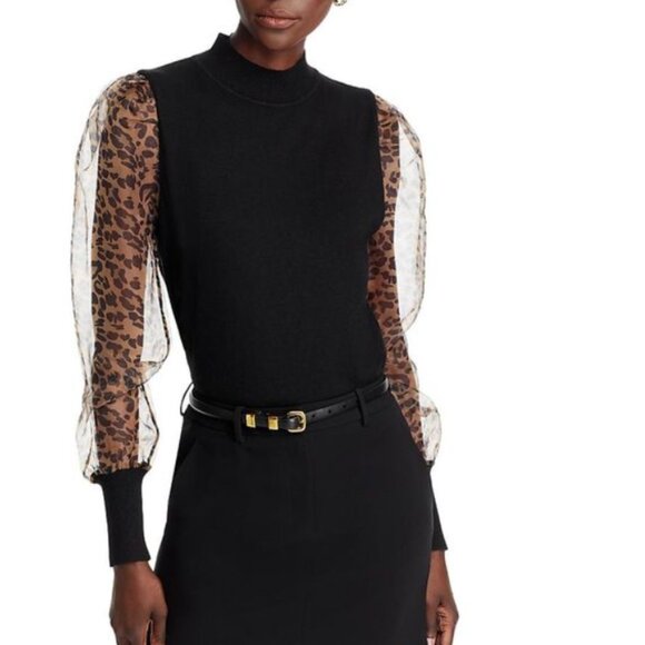 SALE! new SIONI Sheer Leopard Sleeve Black Wool Blend Mock Neck Top 252 - Picture 2 of 8